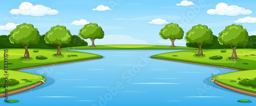 A cartoon illustration of a river surrounded by lush greenery and trees, with a blue sky in the background, Anime Background Images