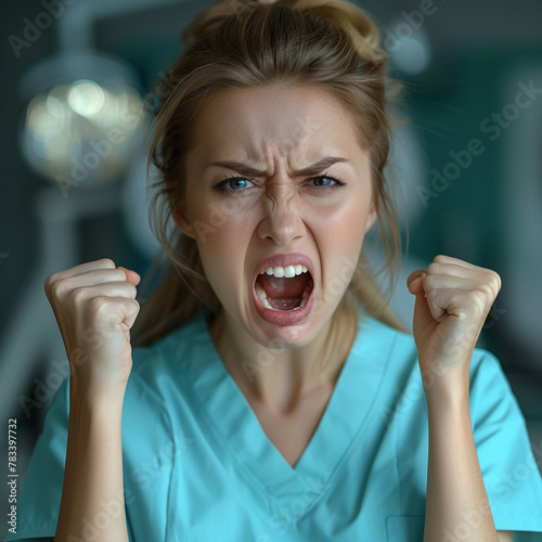 A Russian woman in her early 30s clenching her fists in discomfort photo