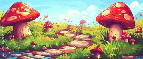 A colorful cartoon illustration of an idyllic fantasy landscape with rolling hills, Anime Background Images