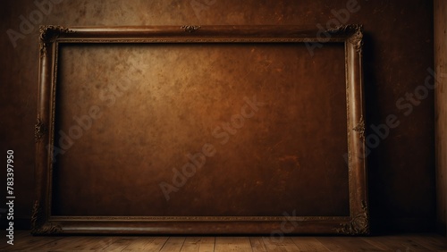 mahogany brown grunge vintage wall background with empty art frame from Generative AI