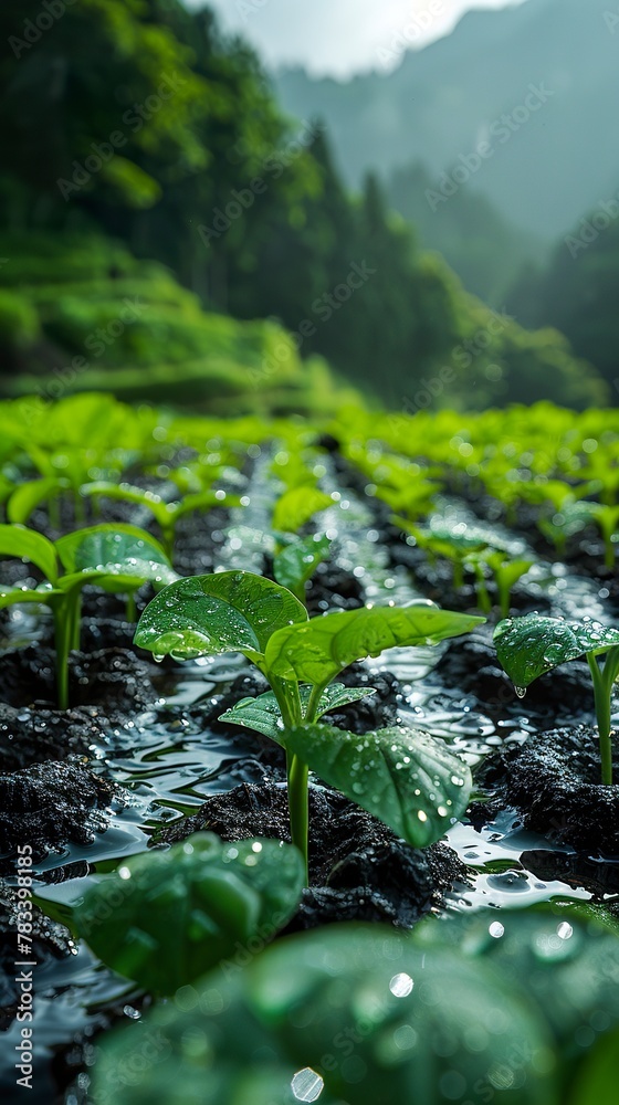 Close-up of a sowing of green rice seedlings transforming the fields into a lush carpet of life. Rice seedlings in flooded land under soft sunlight.