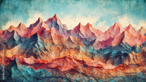 Abstract grunge backdrop with layers resembling the rugged terrain of mountain ranges.