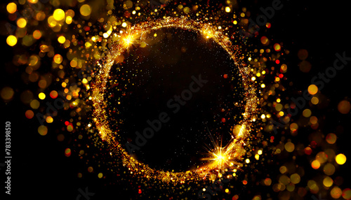 Luxury abstract background in black and gold color. Golden sparkles, like small sparkling lights, burn and glow, scattered in the form of a wave. Mockup background, empty space for text. Generative AI