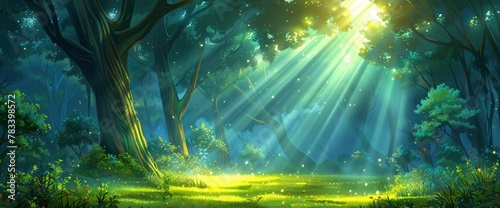 Beautiful forest landscape with trees and grass, cartoon illustration background. green forest scene with sunlight, sunlight , Anime Background Images