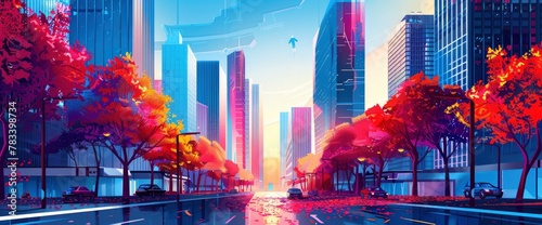 cartoon city street, buildings on the right and left sides of the road, trees along the sidewalk, sunset sky , Anime Background Images photo