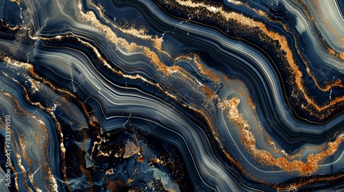 Blue and gold abstract painting with a fluid design resembling marble. Unique abstract painting with a fluid marble design in blue, gold, and white. 