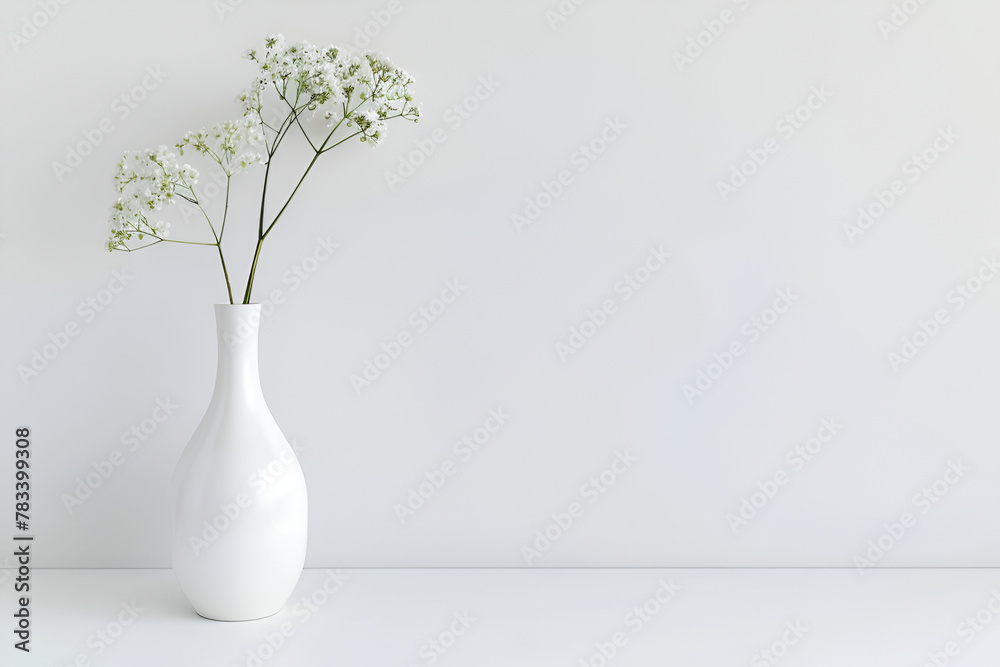 White vase with two minimalistic flowers, white background