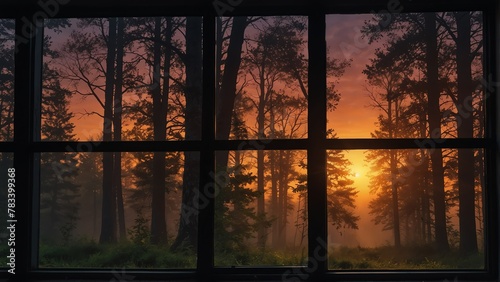 forest sunset landscape nature view from a window background from Generative AI © SevenThreeSky
