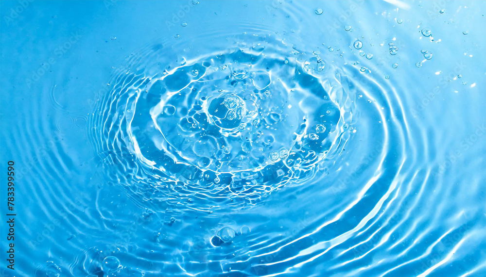 Defocused blurred transparent blue colored clear calm water surface texture with splashes and bubbles. Water waves Mockup background with empty space for text. Generative AI