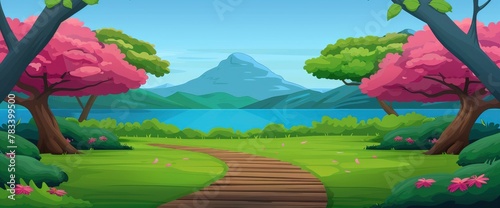Wooden walkway leading to a lake, green grass and pink cherry blossom trees on both sides of the road, blue water surface in the distance with a mountain peak behind it, in the style of a cartoon