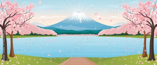 Wooden walkway leading to a lake, green grass and pink cherry blossom trees on both sides of the road, blue water surface in the distance with a mountain peak behind it , Anime Background Images