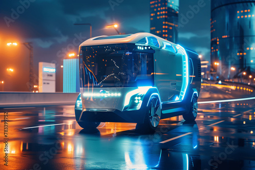 Futuristic autonomous bus driving at night in city