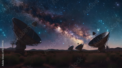 Radio telescopes scanning the night sky filled with stars and the Milky Way galaxy.