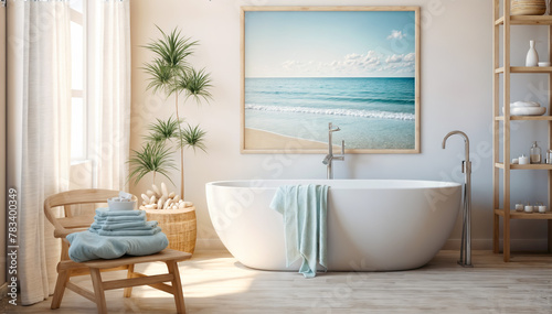 Modern bathroom interior with bathtub  sea view and decoration. 3d render
