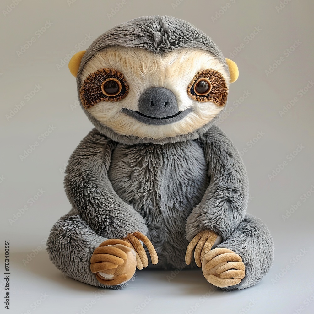 Obraz premium A cute sloth stuffed toy on a white background exuding an aura of sweetness and innocence. Soft stuffed sloth with a friendly expression.