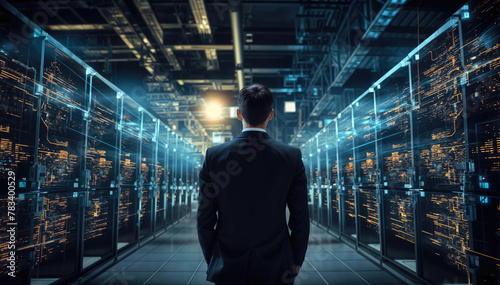 Back view of young businessman standing in server room and looking at data © Graphic Dude