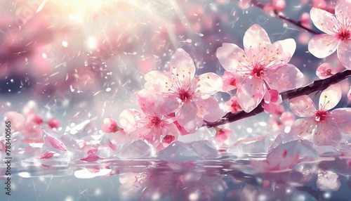 Beautiful cherry blossom petals shine magically in the ice, with a pleasant breeze blowing in the background. photo