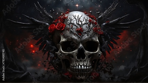 Gothic Reverie: Black Angel Skull Trees, Celestial Bodies, and Crimson Essence