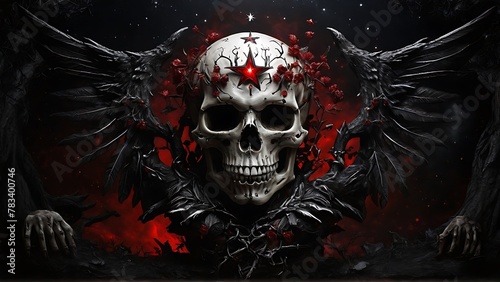 Gothic Reverie: Black Angel Skull Trees, Celestial Bodies, and Crimson Essence