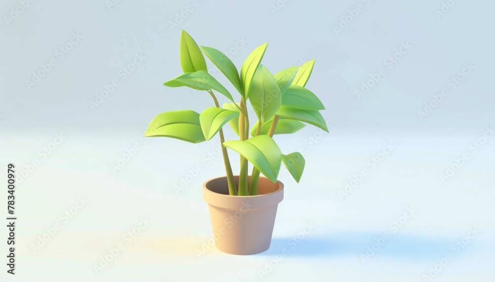 Small houseplant in a brown flower pot on a white background. 3D rendering of a cartoon plant. 3D rendering of a small houseplant in a brown flower pot with green leaves on a white background. Small houseplant in a brown flower pot on a white background. 3D rendering of a cartoon plant. 3D rendering of a small houseplant in a brown flower pot with green leaves on a white background.
