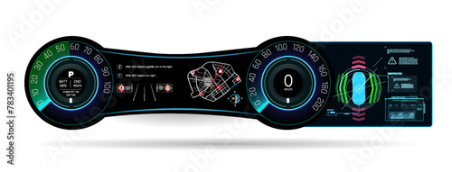 Futuristic car service, scanning and auto data analysis. Intelligent car banner. Futuristic isometric smart car and icons with machine benefits. Vector illustration	