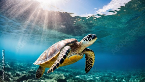 underwater wild turtle floating over beautiful natural ocean background with sunlight through water surface generative ai © Adrian