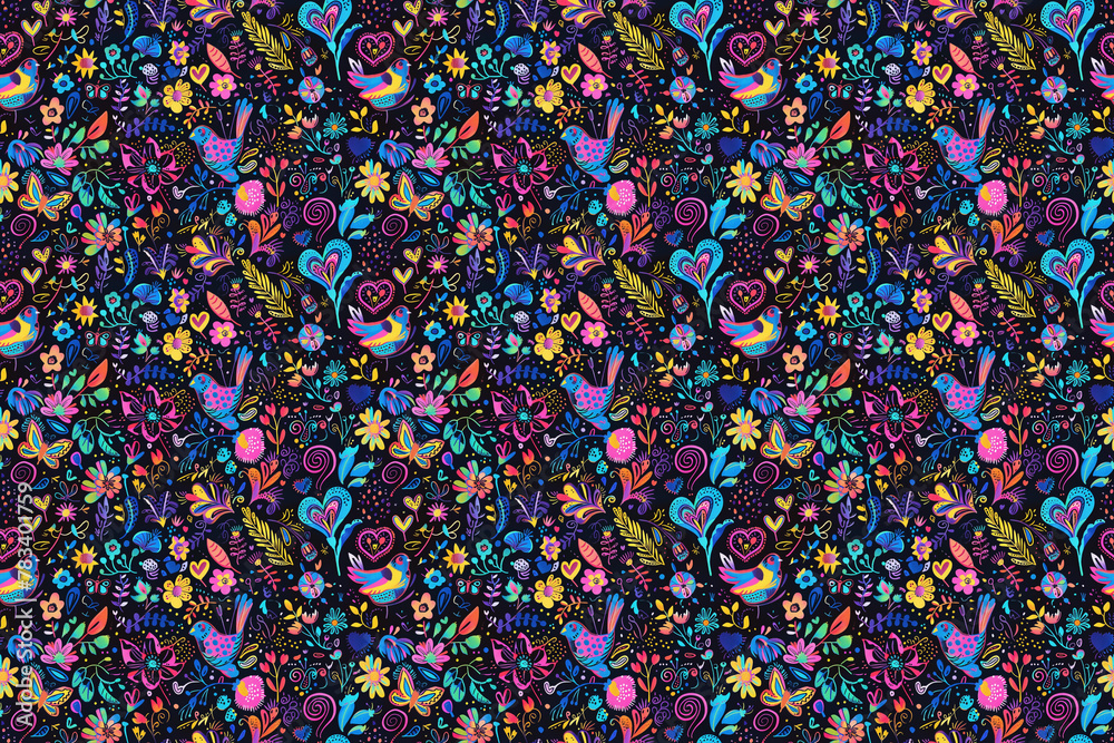 Fototapeta premium Colorful folk art pattern with birds and hearts on dark