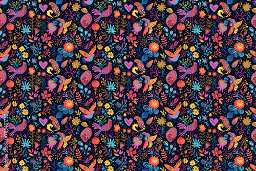 Colorful folk art pattern with birds and florals on a dark background