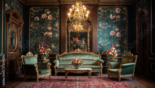 Luxurious interior of the royal palace. Classic vintage furniture, armchairs and furniture.