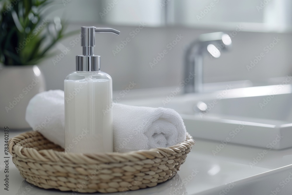 A white soap dispenser and rolled towel on a bathroom sink, with a modern faucet in the background. Bathroom Sink with Soap Dispenser and Towel A white soap dispenser and rolled towel on a bathroom sink, with a modern faucet in the background. Bathroom Sink with Soap Dispenser and Towel