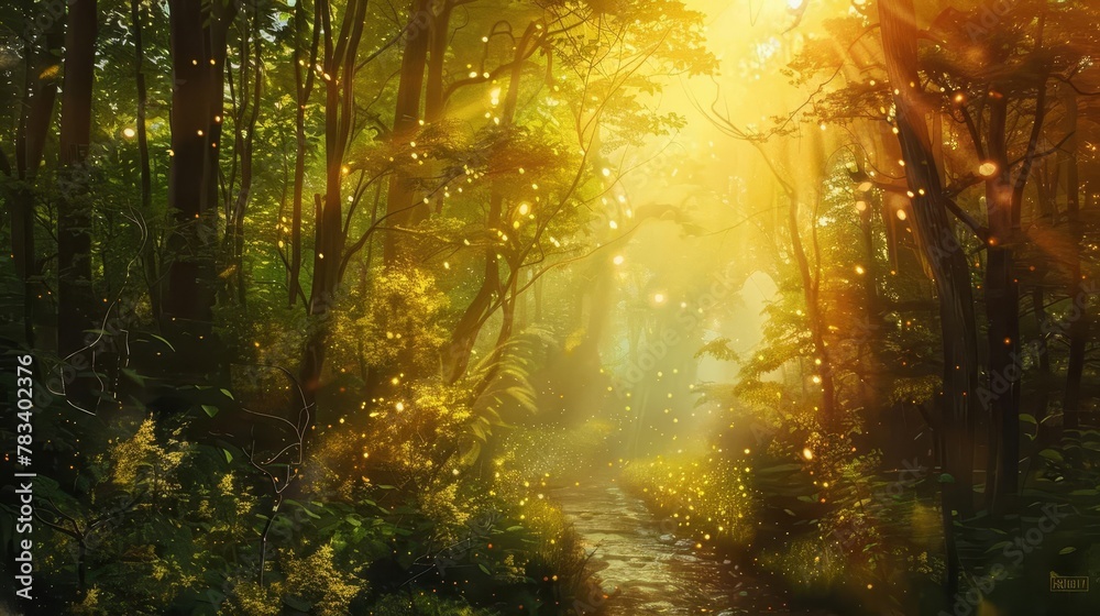 lush green forest illuminated by golden sun flares nature digital painting