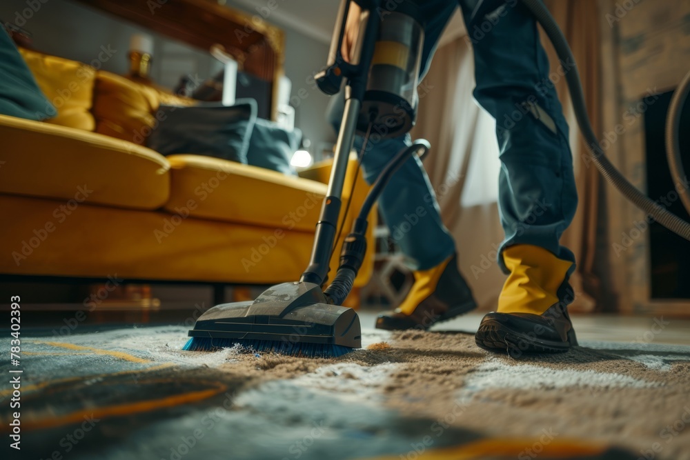 Person in yellow gloves using a modern vacuum cleaner on a textured carpet. Cleaning Carpet with Modern Vacuum Cleaner - obrazy, fototapety, plakaty 