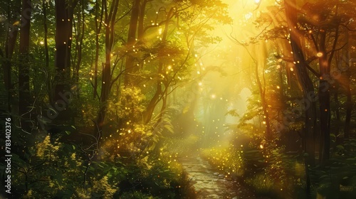 lush green forest illuminated by golden sun flares nature digital painting