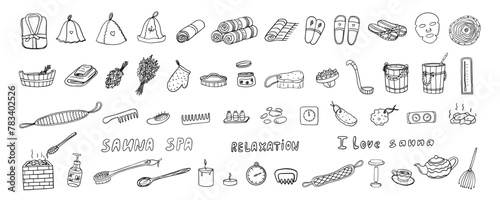 Set of sauna and spa theme in doodle style. Wellness, relaxation, enjoy, joy, bathhouse. Hand drawn. Great for banner, posters, stickers and professional design.