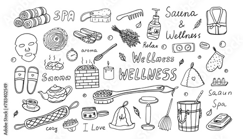 Big set of sauna and spa theme. Wellness,  relaxation, enjoy, joy, bathhouse. Hand drawn. Great for banner, posters, stickers and professional design. Doodle style.