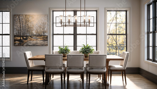 Interior of modern dining room with panoramic window and sunlight