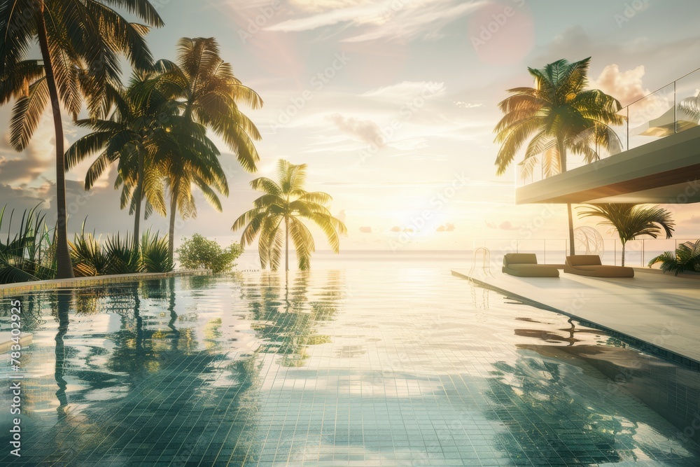 Luxurious resort infinity pool surrounded by palm trees during a stunning sunset. Tropical Luxury Resort Pool at Sunset Luxurious resort infinity pool surrounded by palm trees during a stunning sunset. Tropical Luxury Resort Pool at Sunset