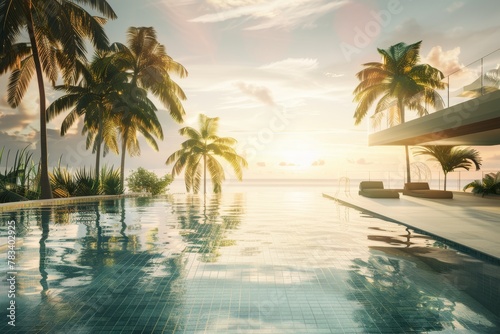 Luxurious resort infinity pool surrounded by palm trees during a stunning sunset. Tropical Luxury Resort Pool at Sunset