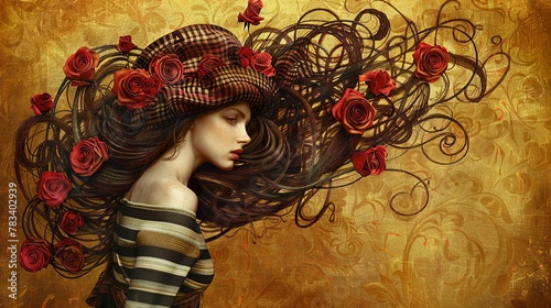 A woman with long brown hair covering everything and roses photo