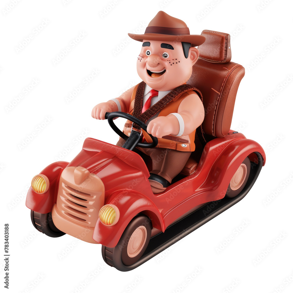 Close-up of a toy car with a man wearing a hat, captured in a detailed shot. In the background, a cartoon controller ensures the safety of a wild ride strapped into a seatbelt. Close-up of a toy car with a man wearing a hat, captured in a detailed shot. In the background, a cartoon controller ensures the safety of a wild ride strapped into a seatbelt.