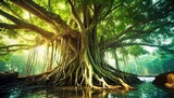 the banyan tree has wide roots and it also has aerial roots that can grow into a trunk