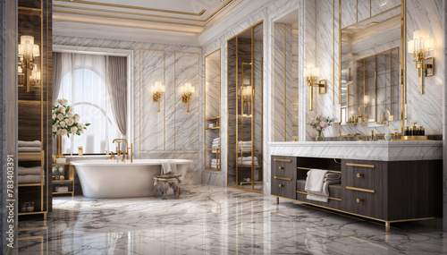 3d rendering luxury bathroom with white marble and gold walls, tiled floor, comfortable bathtub and big mirror. photo