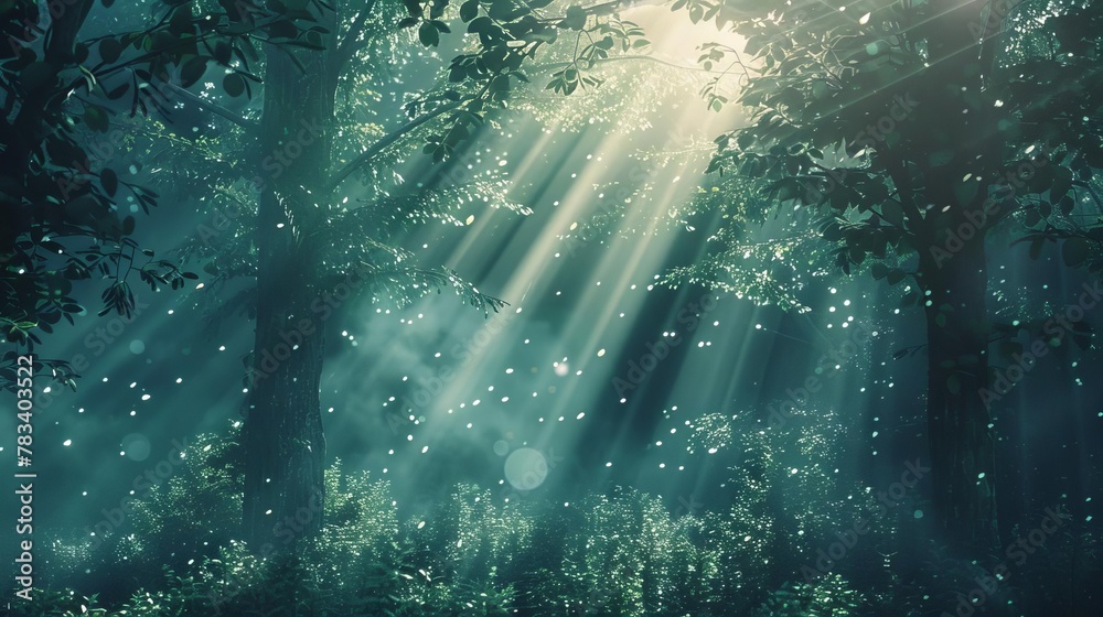 magical forest with sunbeams filtering through trees dreamy light leak effect enchanted woodland digital illustration