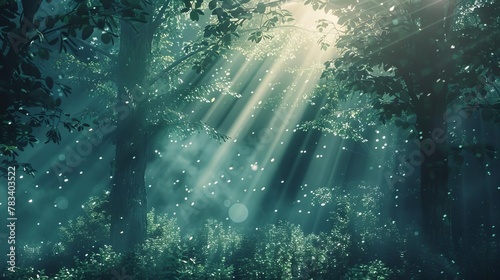 magical forest with sunbeams filtering through trees dreamy light leak effect enchanted woodland digital illustration