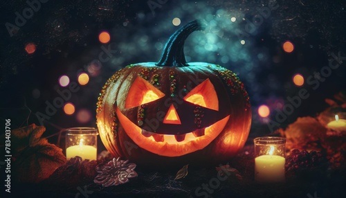 conceptual wallpaper for halloween with a pumpkin with a glowing face with a sinister look and nightly holiday atmosfere generative ai photo