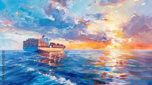 majestic container ship navigating vast ocean at sunset serene seascape breathtaking sky oil painting