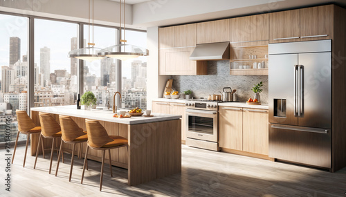 Luxury kitchen interior with wooden walls, hardwood floor, panoramic window and city view. 3d rendering