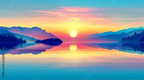 majestic golden hour landscape with serene lake reflecting colorful sunrise minimalist vector illustration