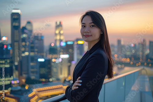 Singaporean Businesswoman on a Singapore Building Rooftop With the City Skyline in the Background at Sunset