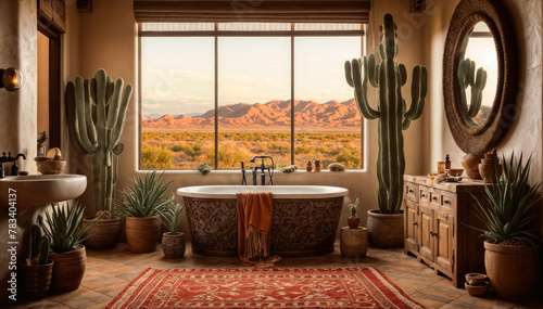 Bathroom interior with cacti and a large window.